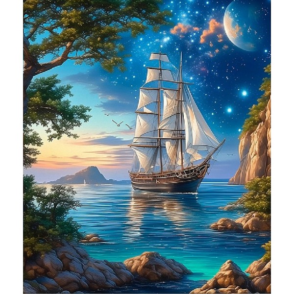 Мозаика алмазная холст на подрамнике 40х50 Пейзаж с парусником блестящая, полная выкладка, 30 цветов НД-1410 Рыжий кот