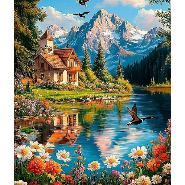 Мозаика алмазная холст на подрамнике 40х50 Тихий уголок у реки полная выкладка, 30 цветов НД-1288 Рыжий кот