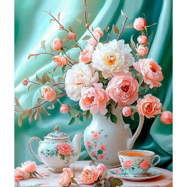 Мозаика алмазная холст на подрамнике 40х50 Чайная гармония полная выкладка, 30 цветов НД-1292 Рыжий кот