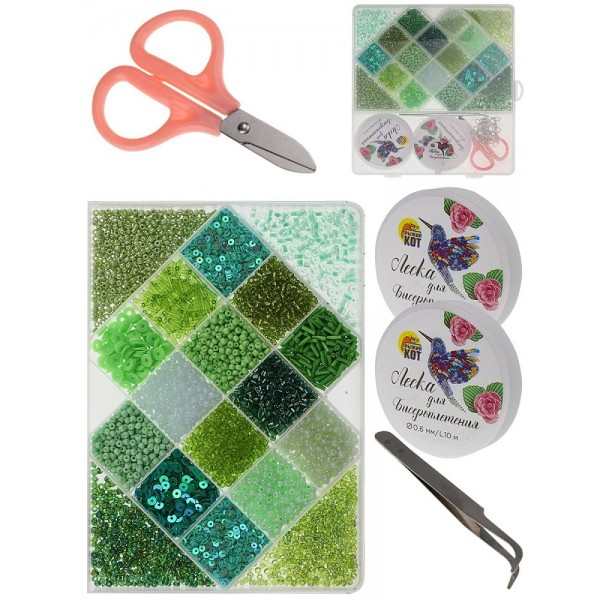 Бисер Набор 19,5х18см 18 видов, зеленый + ножницы + 2 лески + пинцет + фурнитура, пластиковая упаковка БИС-8387 Рыжий кот