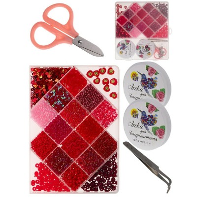 Бисер Набор 19,5х18см 18 видов, красный + ножницы + 2 лески + пинцет + фурнитура, пластиковая упаковка БИС-8386 Рыжий кот