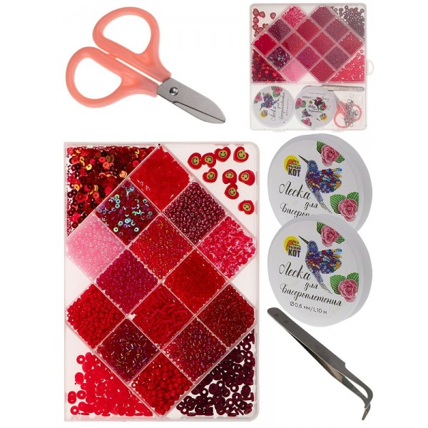 Бисер Набор 19,5х18см 18 видов, красный + ножницы + 2 лески + пинцет + фурнитура, пластиковая упаковка БИС-8386 Рыжий кот