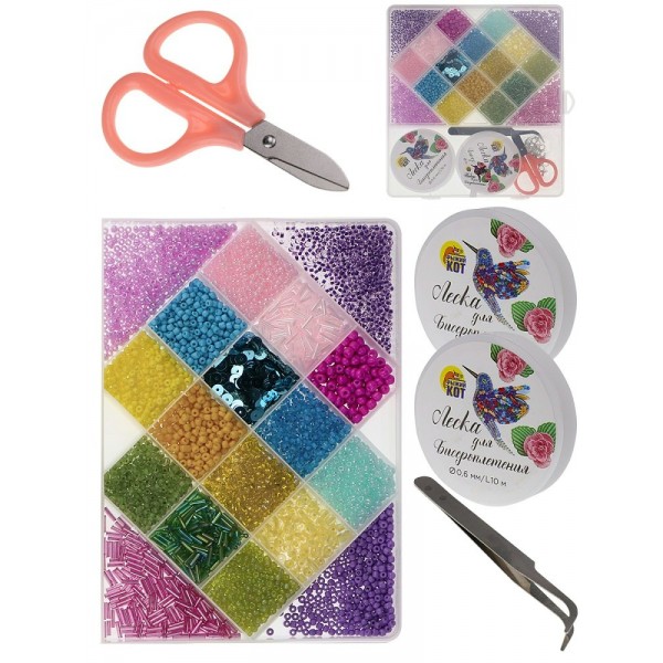 Бисер Набор 19х17см 18 видов, цветной микс + ножницы + 2 лески + пинцет + фурнитура, пластиковая упаковка БИС-8397 Рыжий кот