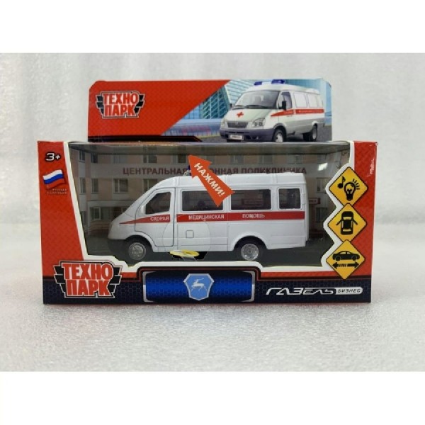 Технопарк Игрушка   Машина ГАЗ - 3221 Газель Скорая помощь 12,2 см, металл, свет, звук, открываются двери, инерционная GAZ3221VAN-12SLAMB2- Китай