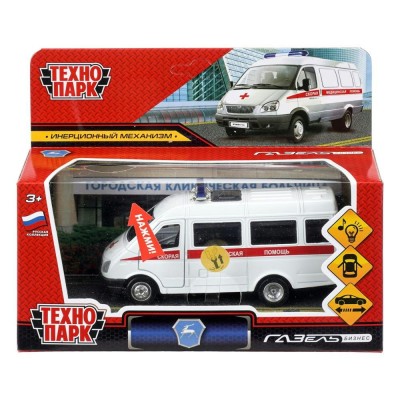 Технопарк Игрушка   Машина ГАЗ - 3221 Газель Скорая помощь 12,2 см, металл, открываются двери, инерционная GAZ3221VAN-12SLAMB2- Китай