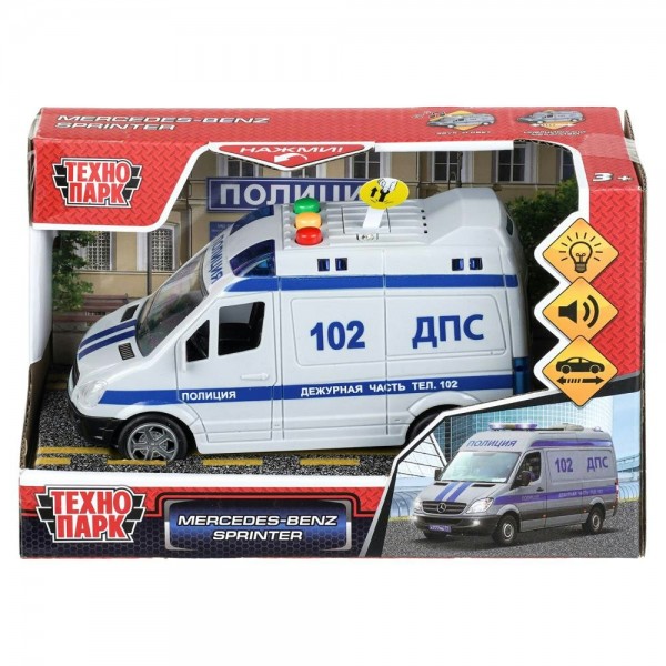 Технопарк Игрушка   Машина Mercedes - benz Sprinter Полиция серебрянный 14,5 см, пластик, свет, звук, инерционная 1905A033-R Китай