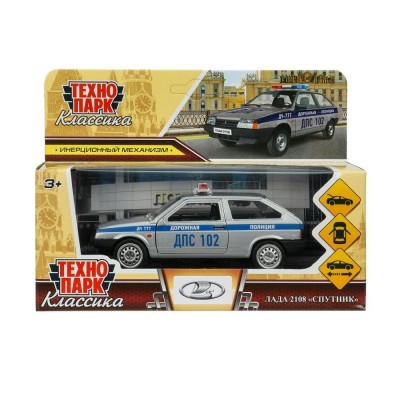 Технопарк Игрушка   Машина Lada-2108 Спутник Полиция 12 см, металл, открываются двери, багажник 2108-12POL-SR Китай