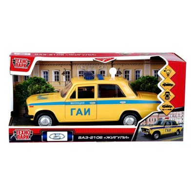 Технопарк Игрушка   Машина ВАЗ-2106 Милиция 22 см, пластик, свет, звук, двери открываются, инерционная, желтый LADA2106-22PLPOL-YE Китай