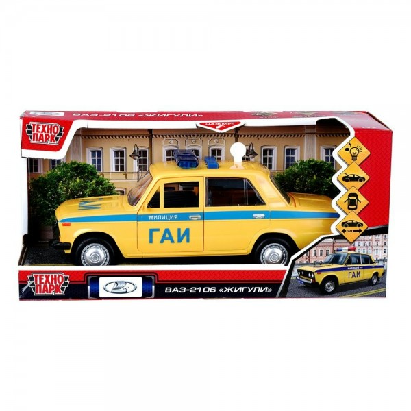 Технопарк Игрушка   Машина ВАЗ-2106 Милиция 22 см, пластик, свет, звук, двери открываются, инерционная, желтый LADA2106-22PLPOL-YE Китай