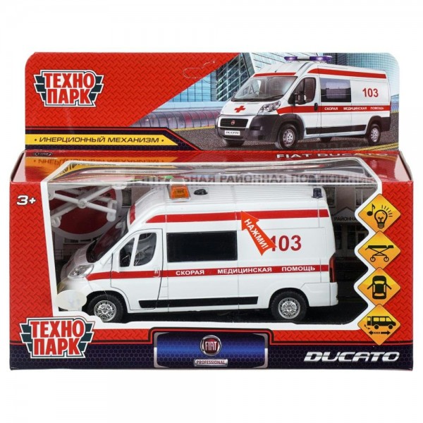 Технопарк Игрушка   Машина Fiat Ducato Скорая 14 см,металл, открываются двери, инерционная, белый DUCATO-14SLAMB-STRWH Китай