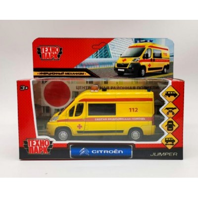 Технопарк Игрушка   Машина Citroen Jumpe Реанимация 14 см, металл, открываются двери,  инерция, желтая JUMPER-14AMB-STRYE Китай