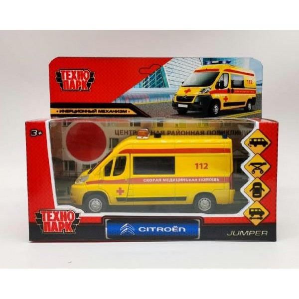 Технопарк Игрушка   Машина Citroen Jumpe Реанимация 14 см, металл, открываются двери,  инерция, желтая JUMPER-14AMB-STRYE Китай
