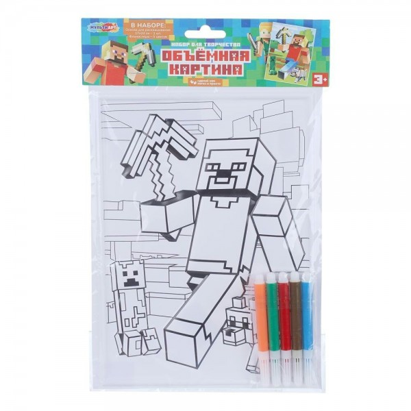 Картина по контурам на картоне объемная Майнкрафт + 5 фломастеров VMP-128164 МультиАрт