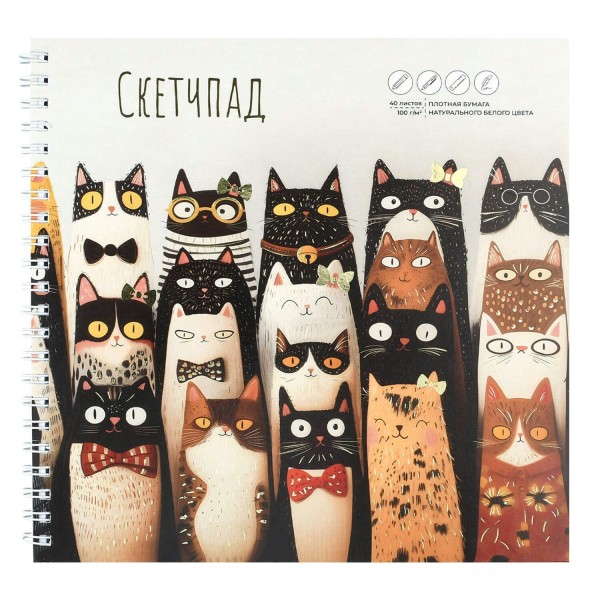 Скетчбук 40 листов А5 195х195 гребень Скетчпад Веселые коты жесткая подложка, 100г/м2 72622 Феникс 5/50