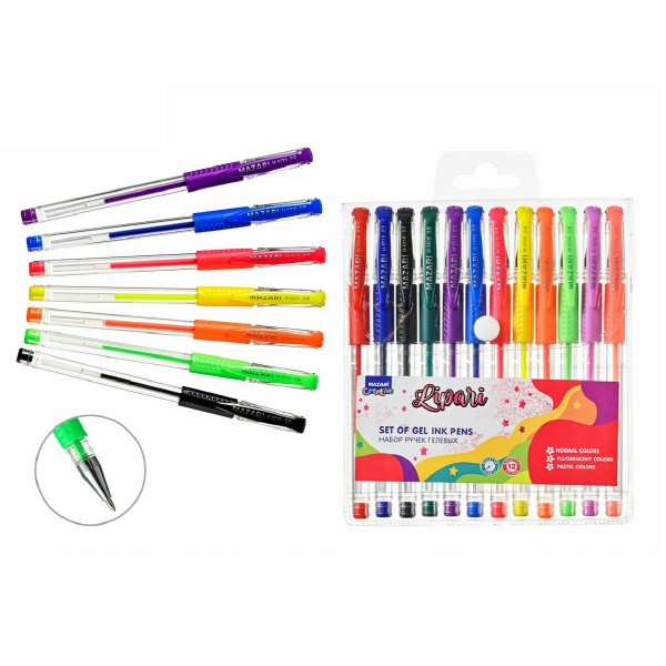 Ручка гелевая Набор 12 цветов Lipari 4 основных цвета, 5 флуоресцентных цветов, 3 цвета пастель, 0,8мм M-5510-12 Mazari 12/96