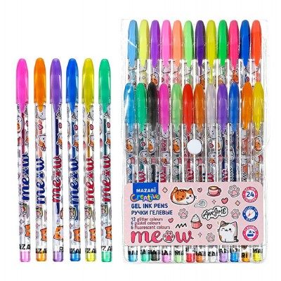 Ручка гелевая Набор 24 цвета Meow 12 цветов с блестками, 6 флуоресцентных цветов, 6 цветов пастель, 0,9мм M-5840-24 Mazari 20/80