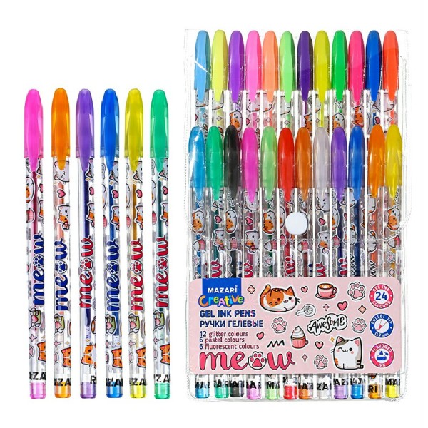 Ручка гелевая Набор 24 цвета Meow 12 цветов с блестками, 6 флуоресцентных цветов, 6 цветов пастель, 0,9мм M-5840-24 Mazari 20/80