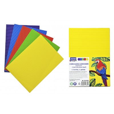 Картон цветной А4 5 листов 5 цветов гофрированный основные цвета, 170г/м2 М-20300 Mazari 20/200