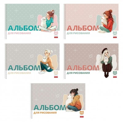 Альбом 40 листов для рисования А4 гребень, пластиковая обложка Девочка с котиком перфорация на отрыв, 100г/м2 40А4Вгр Хатбер 5/30 091567