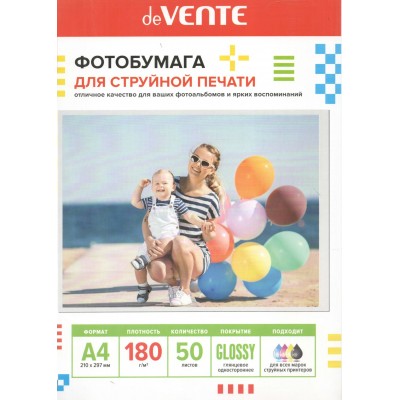 Бумага для фотопечати А4 50 листов 180г/м2 глянцевая, односторонняя 2042502 deVente 6/24 Бумага для фотопечати А4 50 листов 180г/м2 глянцевая, односторонняя 2042502 deVente 6/24