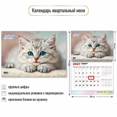 Квадра/Календарь настенный перекидной 1 блочный моно 2027. Кот 300 х 440/10044/ Квадра/Календарь настенный перекидной 1 блочный моно 2027. Кот 300 х 440/10044/