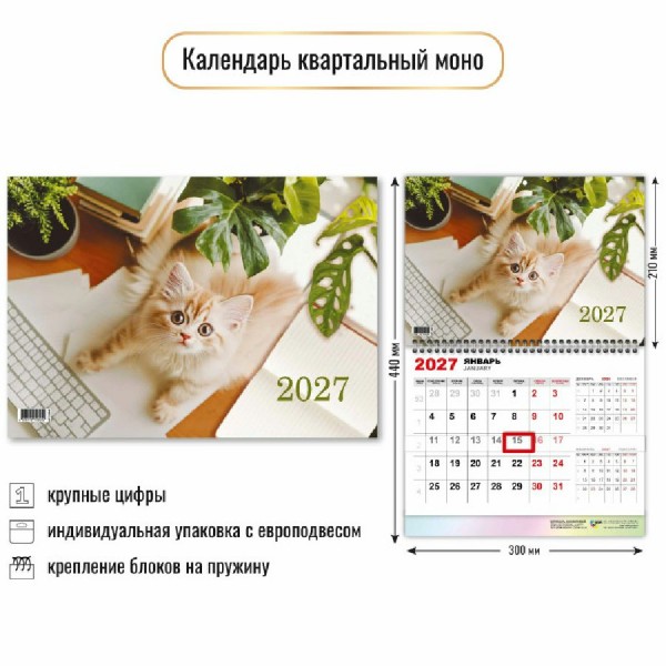 Квадра/Календарь настенный перекидной 1 блочный моно 2027. Офис 300 х 440/10045/