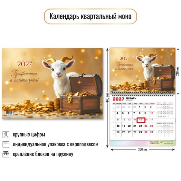 Квадра/Календарь настенный перекидной 1 блочный моно 2027. Символ года 300 х 440/10042/