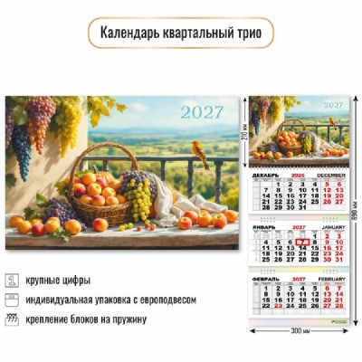Квадра/Календарь настенный квартальный 3 блочный 2027. Натюрморт 300 х 690/10032/ Квадра/Календарь настенный квартальный 3 блочный 2027. Натюрморт 300 х 690/10032/