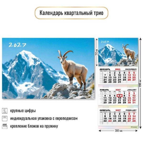 Квадра/Календарь настенный квартальный 3 блочный 2027. Символ года 300 х 690/10015/
