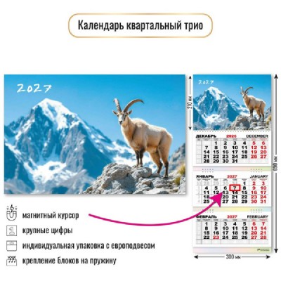 Квадра/Календарь настенный квартальный 3 блочный с магнитным курсором 2027. Символ года 300 х 690/10387/ Квадра/Календарь настенный квартальный 3 блочный с магнитным курсором 2027. Символ года 300 х 690/10387/