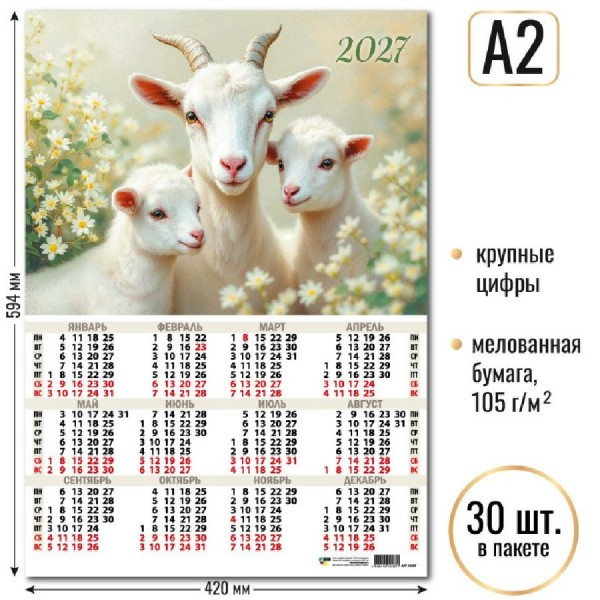 Квадра/Календарь настенный листовой 2027. Символ года А2/10187/