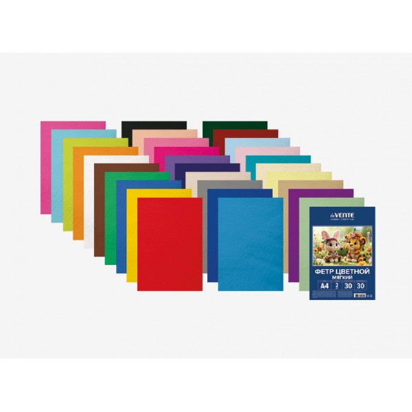 Фетр А4 30 листов 30 цветов 2мм HOBBY CREATIVE мягкий  deVente 5/30