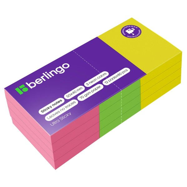 Блок клей 50х40мм 80 листов Ultra Sticky Набор 12шт неоновые цвета, 70г/м2 LSn_39002 Berlingo  270273