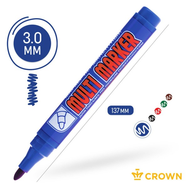 Маркер перманентный 3мм Multi Marker синий, пулевидный CPM-800 Crown  002675