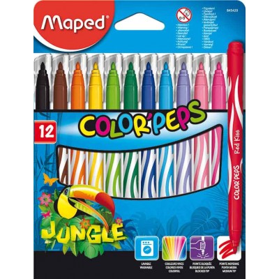 Фломастеры 12 цветов Colorpeps заблокированный средний пишущий узел, смываемые, картонная упаковка 845420 Maped 12/96