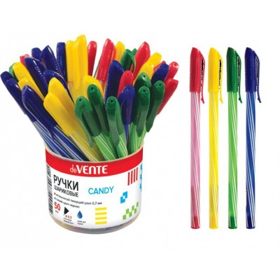 Ручка шариковая Candy синяя 0,7мм цветной полосатый корпус, игольчатый стержень 5073410 deVente 50/1000